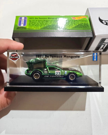 More Than Diecast Hot Wheels RLC 1971 De Tomaso Mangusta in metallic green with opening engine bay in display case