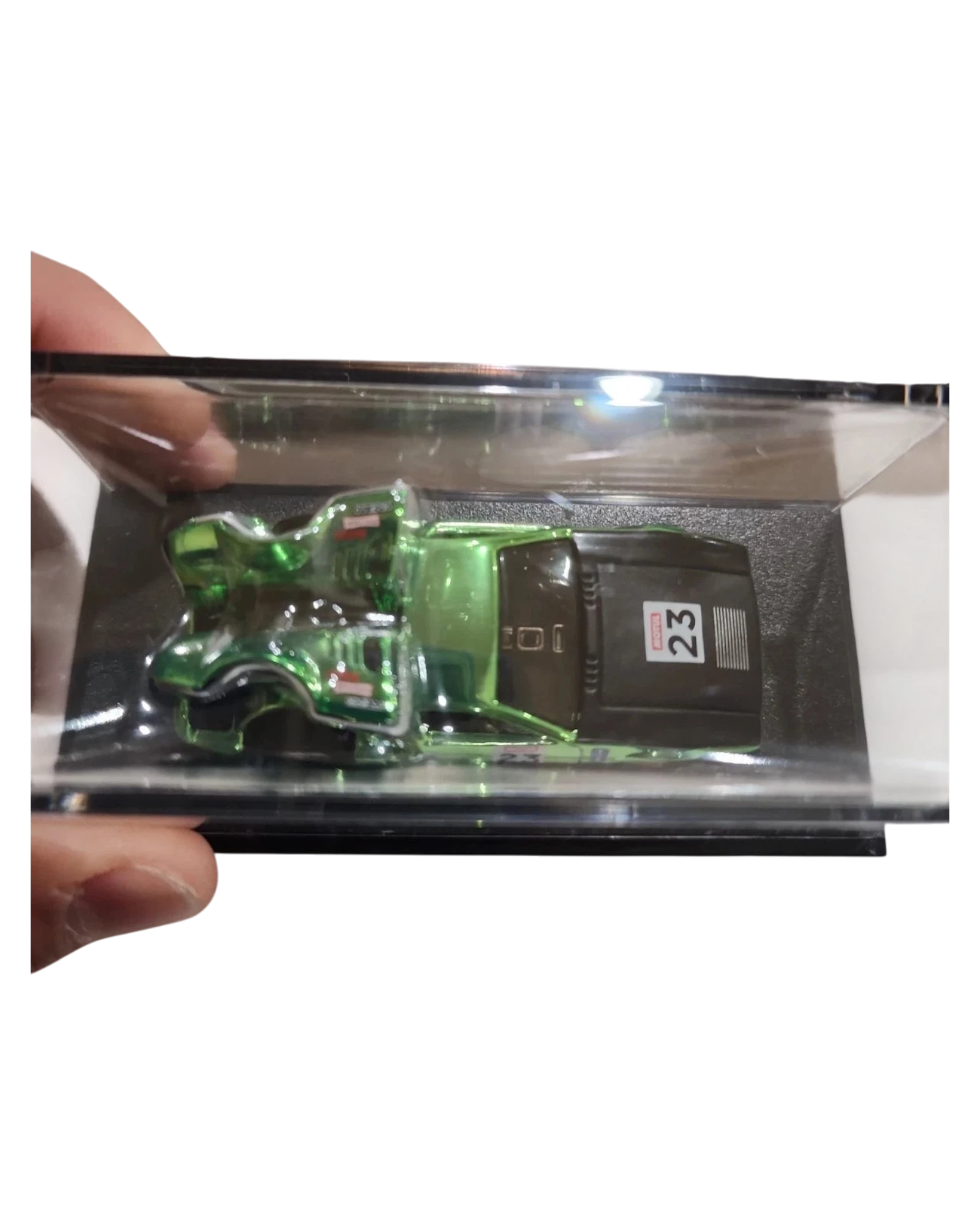 More Than Diecast Hot Wheels RLC 1971 De Tomaso Mangusta in metallic green with number 23 in a clear display case