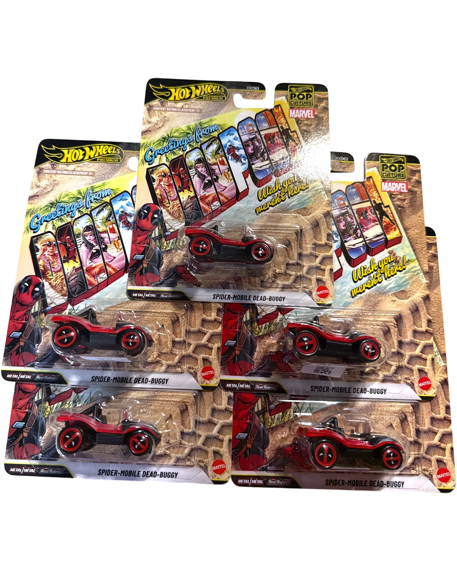 More Than Diecast set of five Hot Wheels Marvel Spider-Mobile Dead Buggy die-cast cars in original blister packaging.