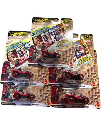 More Than Diecast set of five Hot Wheels Marvel Spider-Mobile Dead Buggy die-cast cars in original blister packaging.