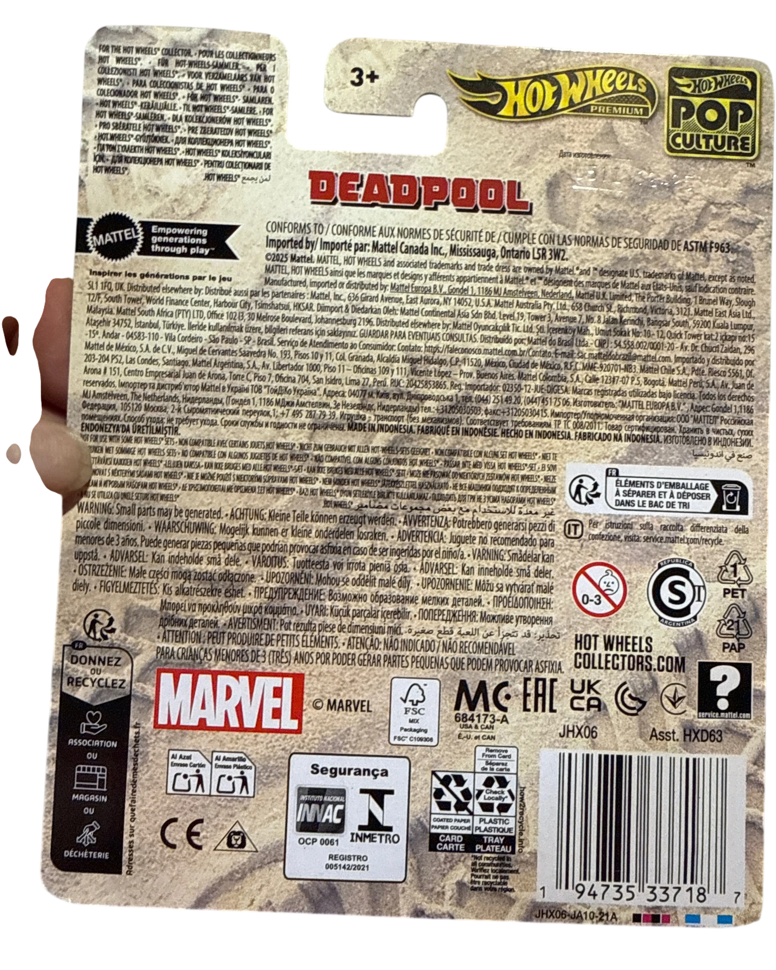 More Than Diecast Hot Wheels Marvel Deadpool Spider-Mobile Dead Buggy packaging back view with product information