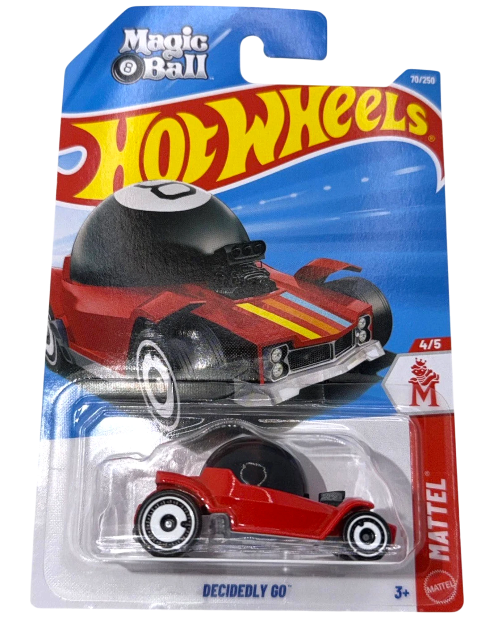 More Than Diecast Hot Wheels Decidedly Go 1:64 scale die-cast car in red and black with Magic 8 Ball design.