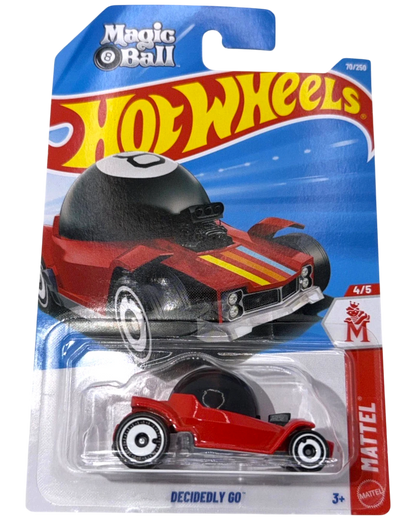 More Than Diecast Hot Wheels Decidedly Go 1:64 scale die-cast car in red and black with Magic 8 Ball design.