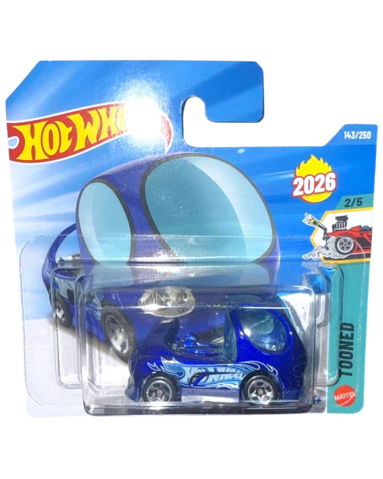More Than Diecast 2026 Hot Wheels Dark Blue Deora II Tooned diecast car with flame graphics on a short card.