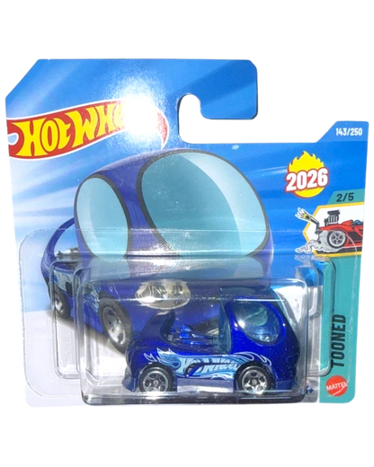 More Than Diecast 2026 Hot Wheels Dark Blue Deora II Tooned diecast car with flame graphics on a short card.