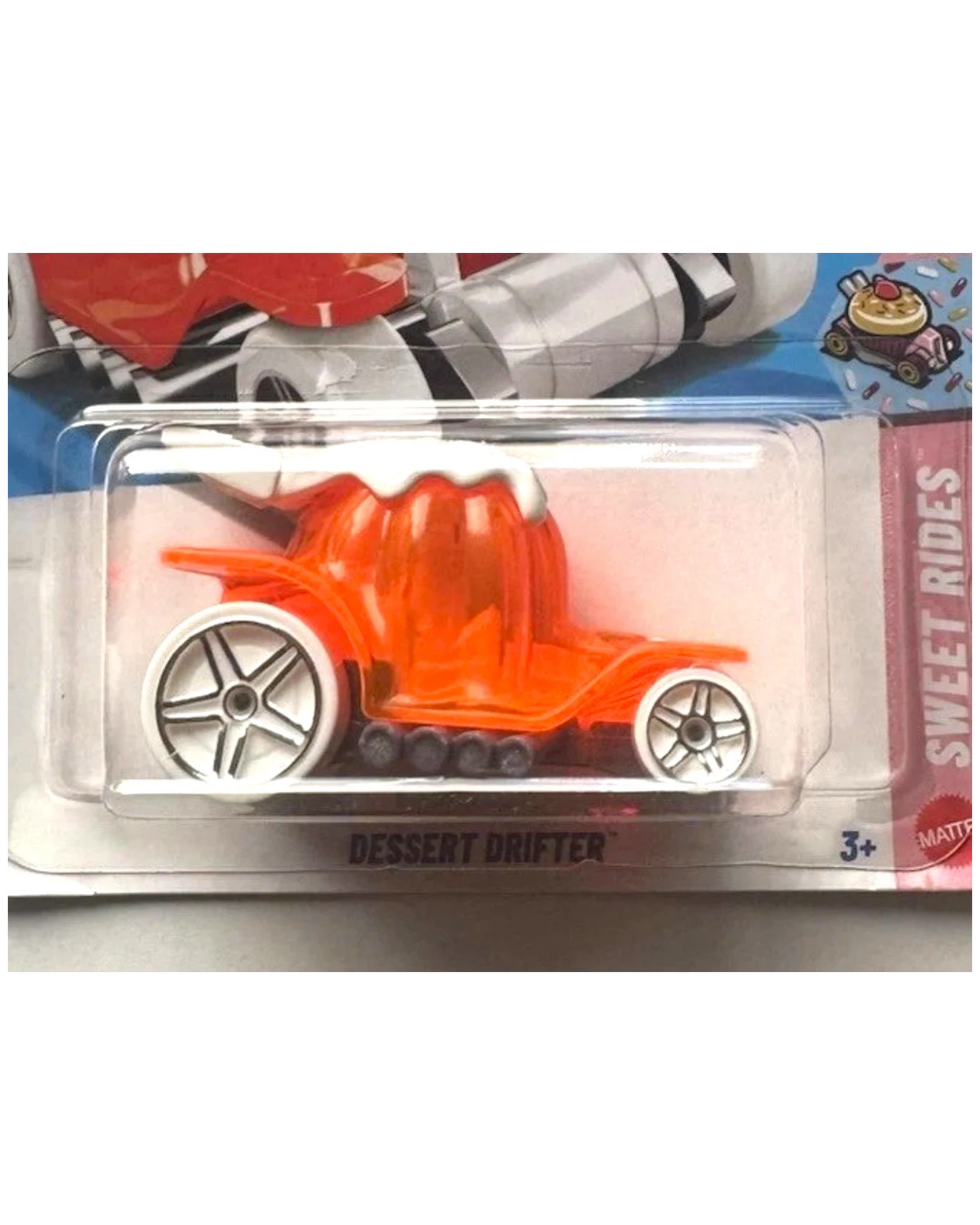 More Than Diecast Hot Wheels Dessert Drifter in translucent orange with white wheels and frosting-themed detailing