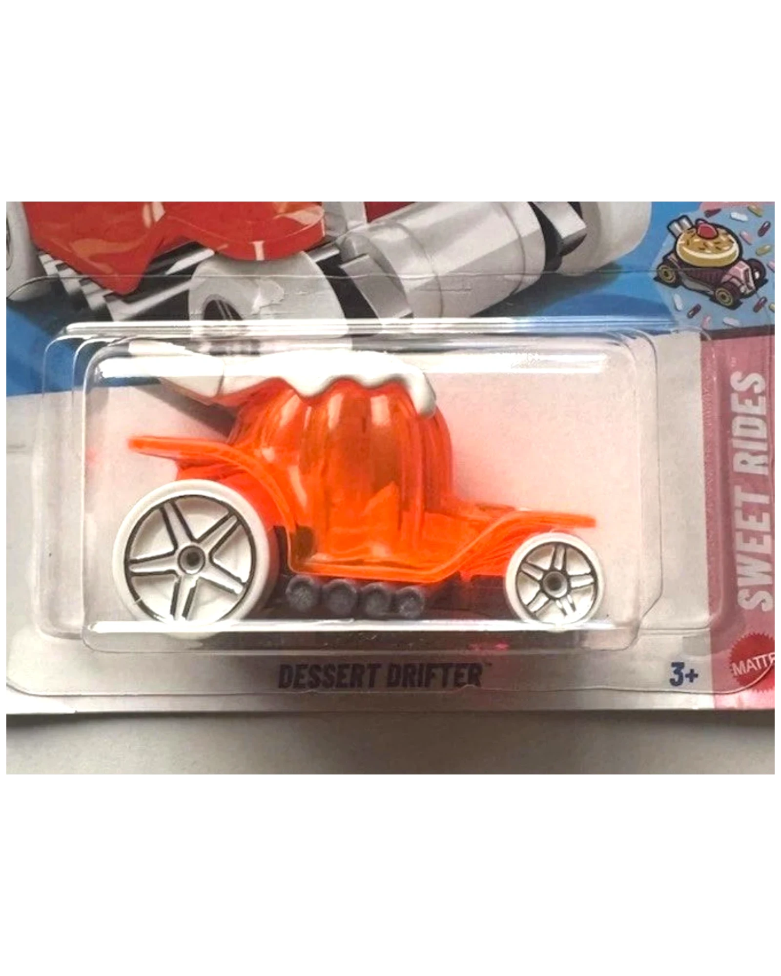 More Than Diecast Hot Wheels Dessert Drifter in translucent orange with white wheels and frosting-themed detailing