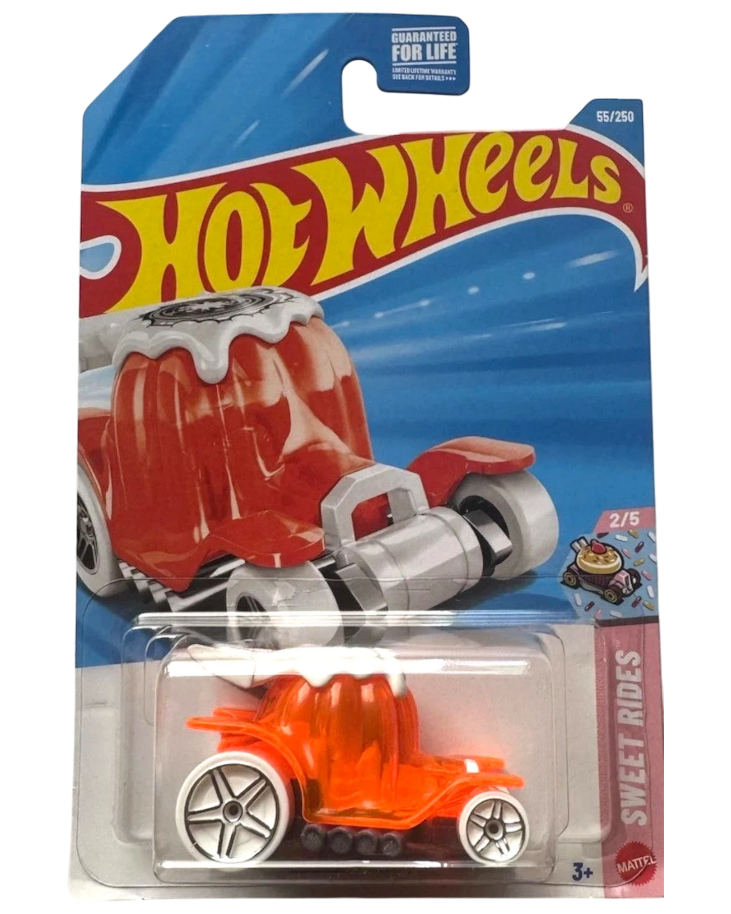 More Than Diecast Hot Wheels Dessert Drifter die-cast car in translucent orange with white wheels on blister card