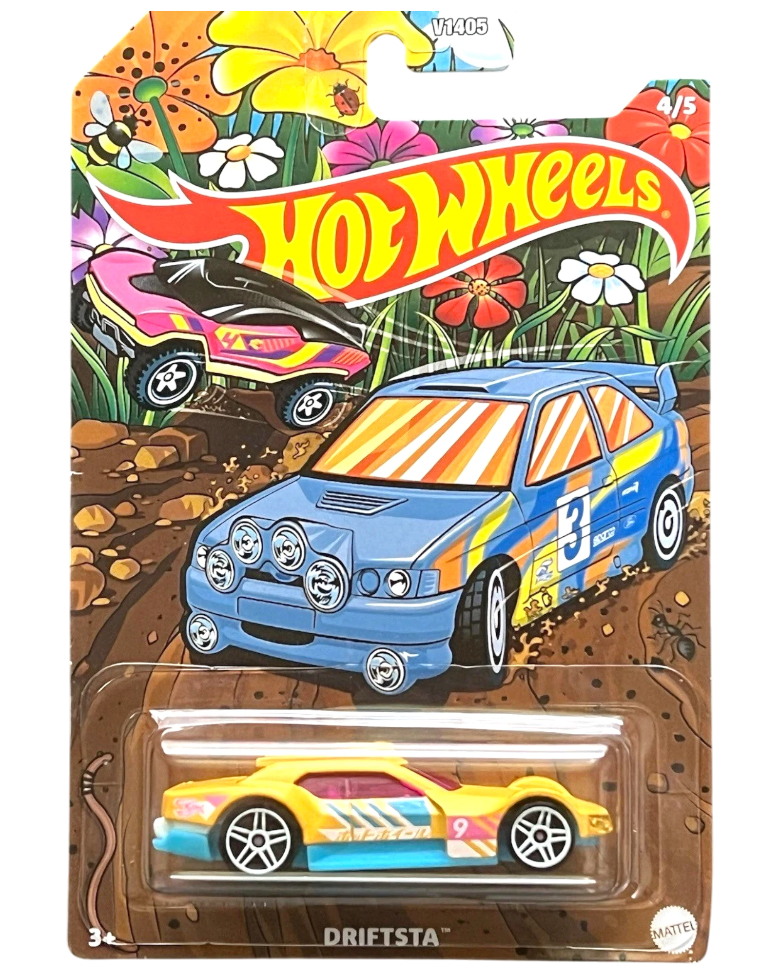More Than Diecast Hot Wheels Dimachinni Veloce toy car, yellow with pink and blue accents, on a spring-themed card.
