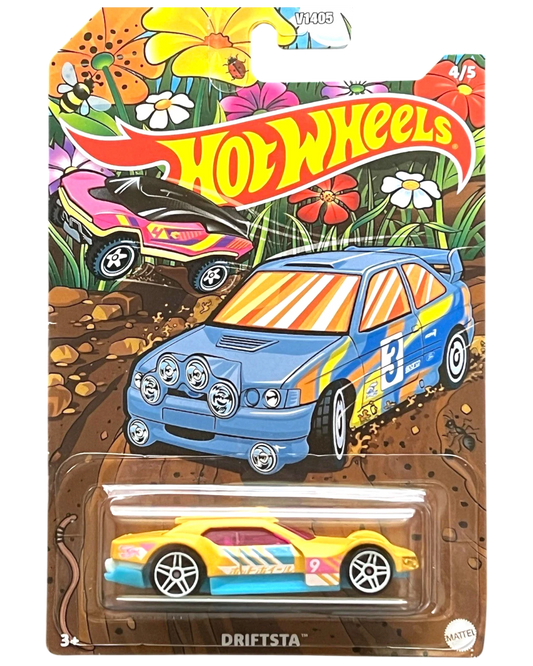 More Than Diecast Hot Wheels Dimachinni Veloce toy car, yellow with pink and blue accents, on a spring-themed card.
