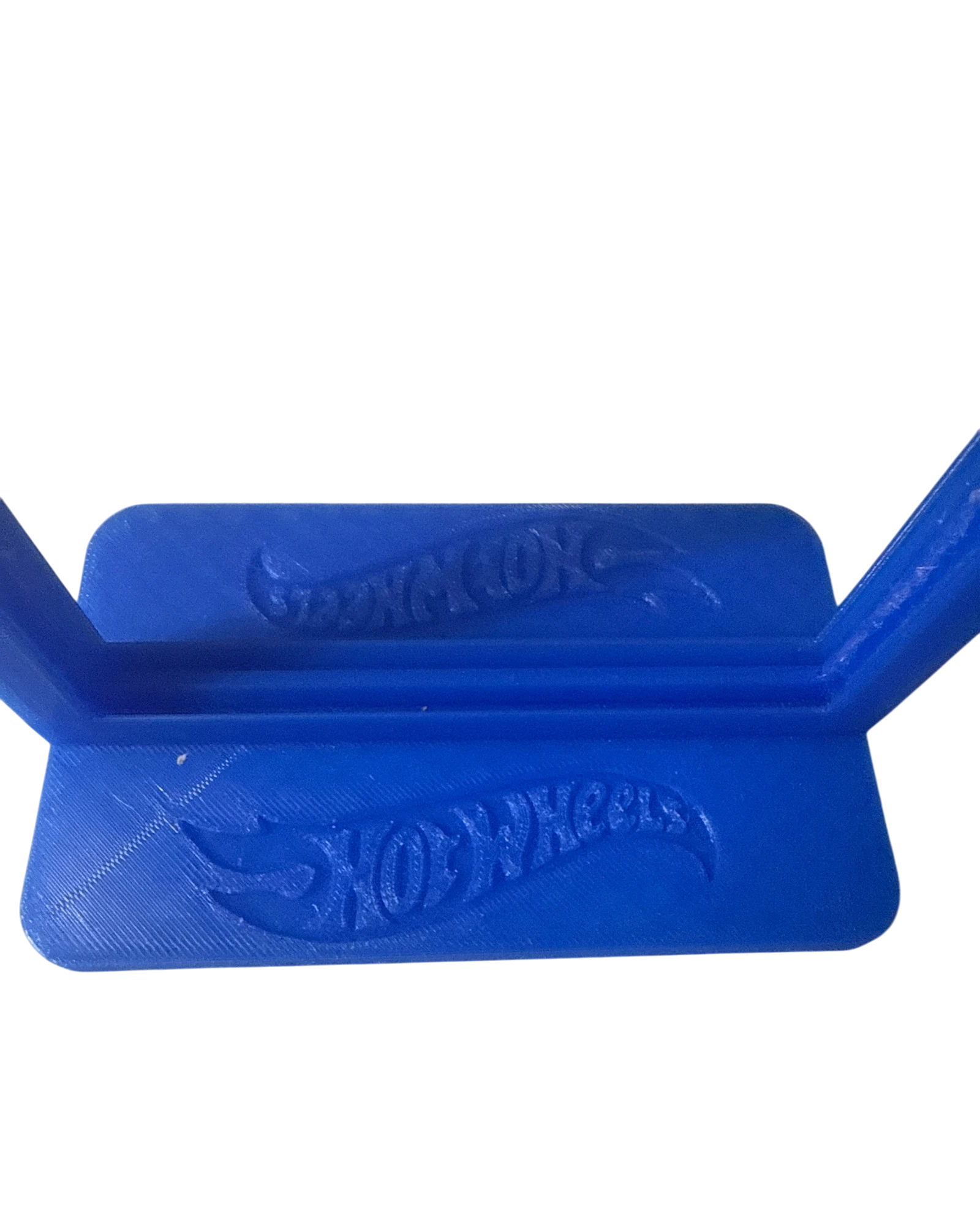 More Than Diecast blue 3-D printed display stand for Hot Wheels cars, featuring embossed logos.