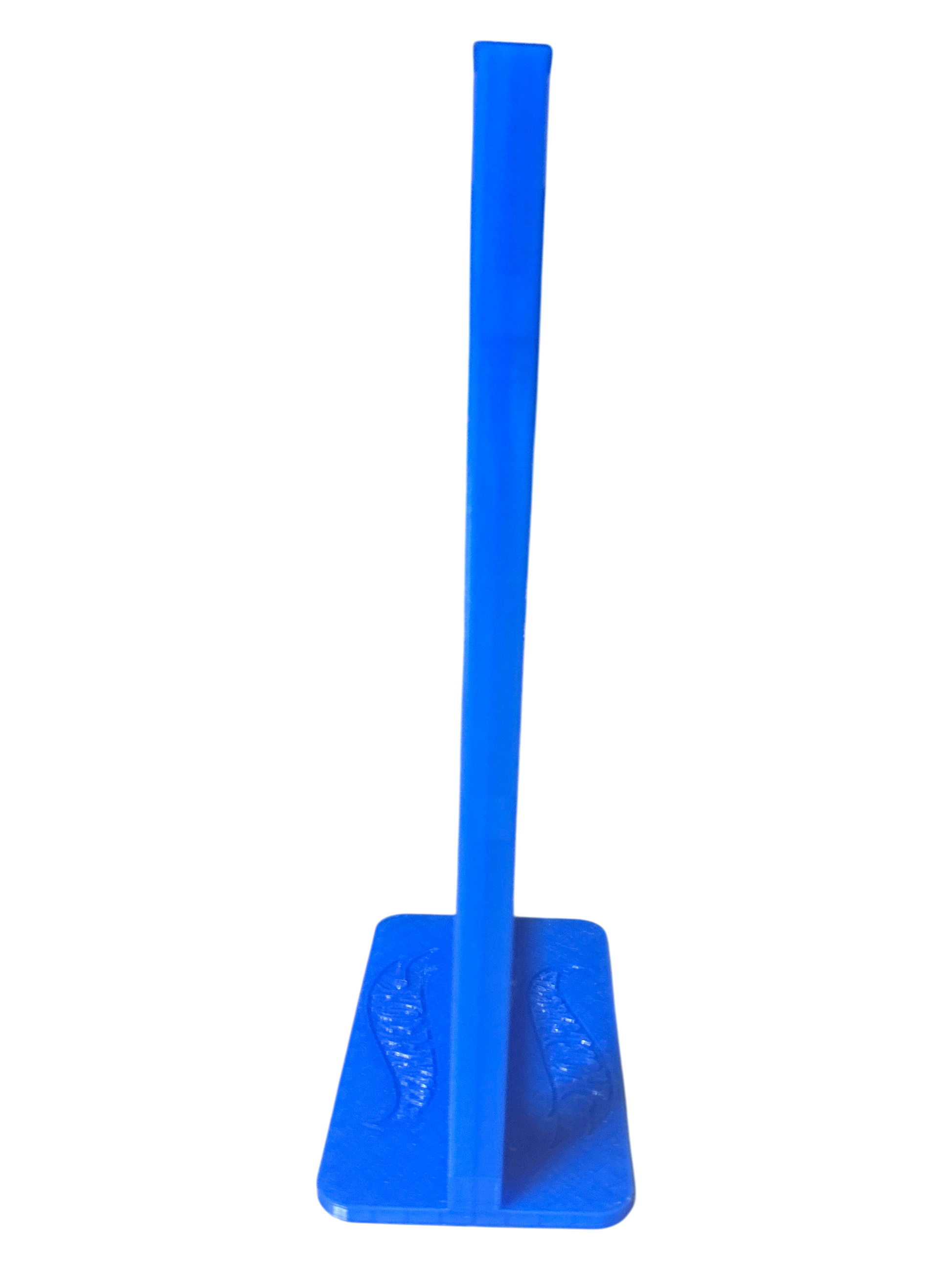 More Than Diecast blue 3-D printed display stand for Hot Wheels cars, featuring embossed flame logos on the base.
