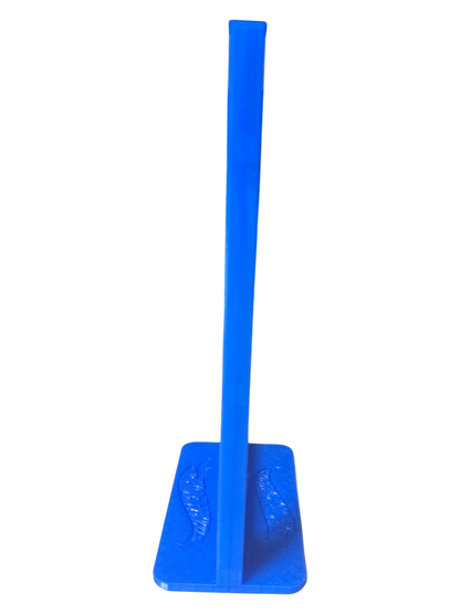 More Than Diecast blue 3-D printed display stand for Hot Wheels cars, featuring embossed flame logos on the base.