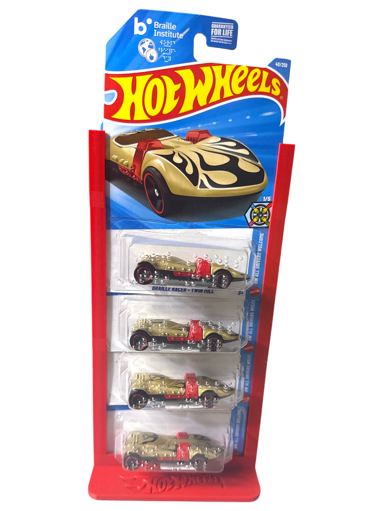 More Than Diecast 3-D printed hot wheels display stand featuring 4 gold and red cars with flame details.