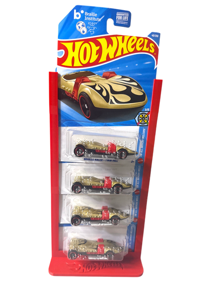 More Than Diecast 3-D printed hot wheels display stand featuring 4 gold and red cars with flame details.