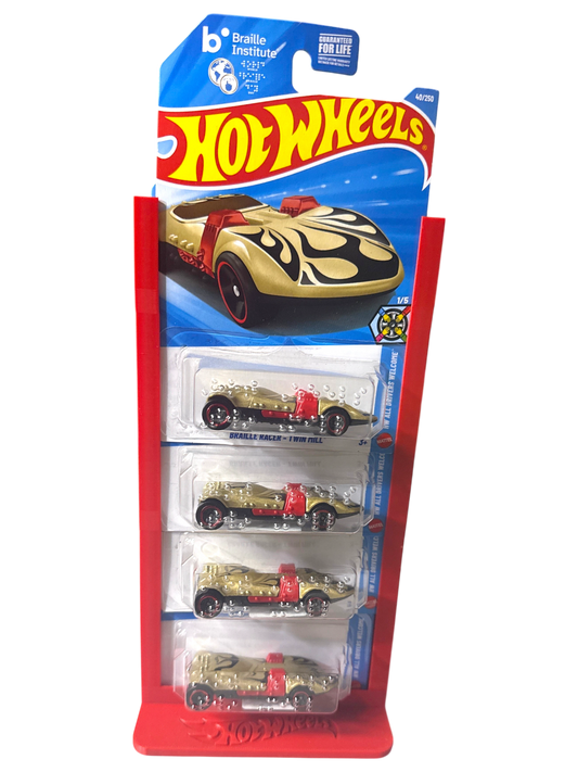 More Than Diecast 3-D printed hot wheels display stand featuring 4 gold and red cars with flame details.