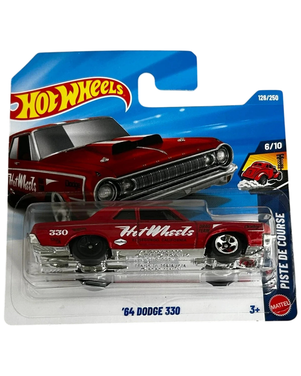 More Than Diecast Hot Wheels 1964 Dodge 330 red die-cast car in short card packaging, 1:64 scale model.