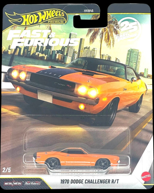 More Than Diecast Hot Wheels 1970 Dodge Challenger R/T orange die-cast car in Fast & Furious 25th Anniversary packaging