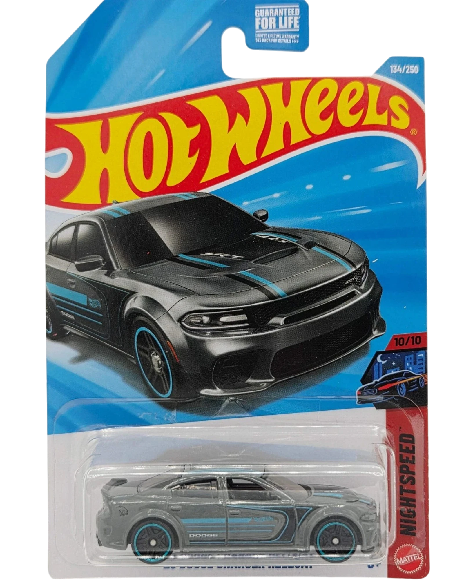 More Than Diecast Hot Wheels '20 Dodge Charger Hellcat toy car, grey with blue racing stripes and accents.