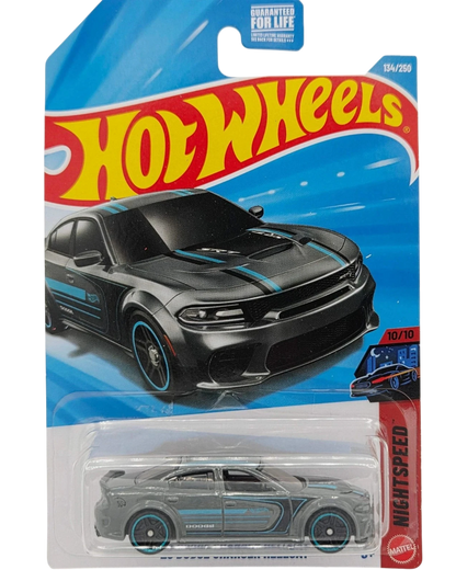 More Than Diecast Hot Wheels '20 Dodge Charger Hellcat toy car, grey with blue racing stripes and accents.