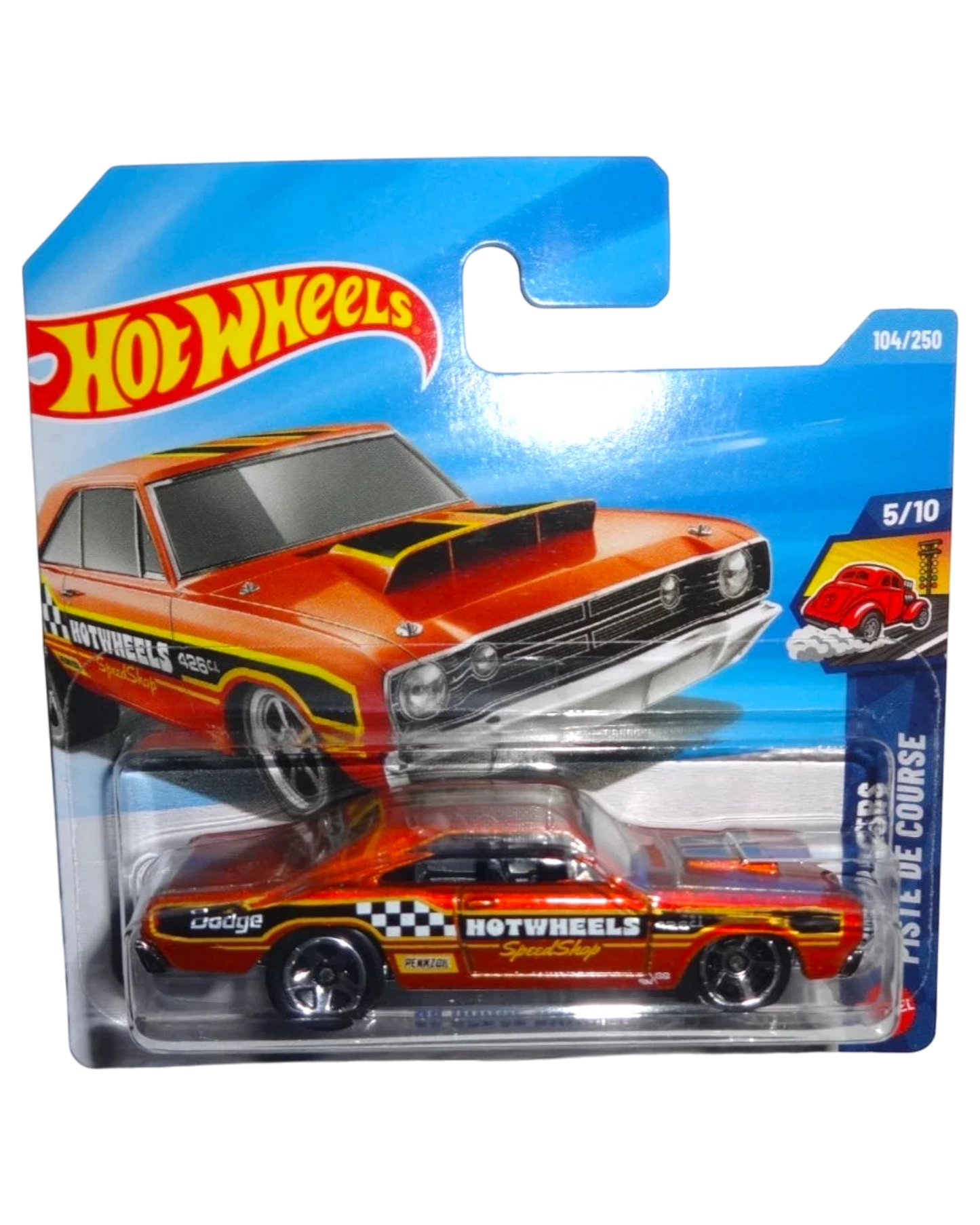 More Than Diecast 1:64 scale Hot Wheels '68 Dodge Dart drag racer in metallic orange with racing decals on blister card