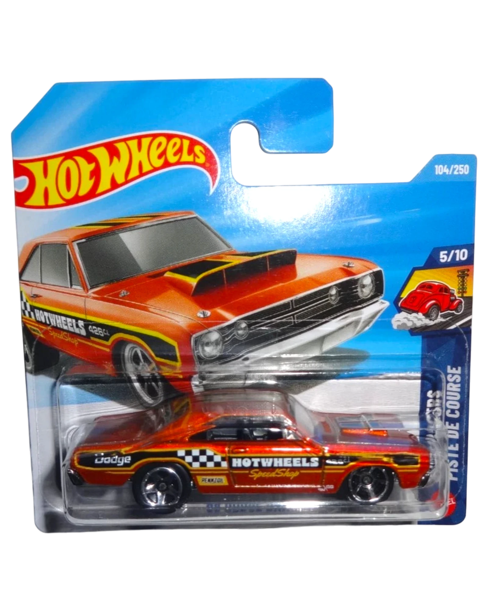 More Than Diecast 1:64 scale Hot Wheels '68 Dodge Dart drag racer in metallic orange with racing decals on blister card