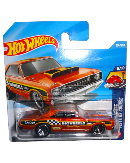 More Than Diecast 1:64 scale Hot Wheels '68 Dodge Dart drag racer in metallic orange with racing decals on blister card