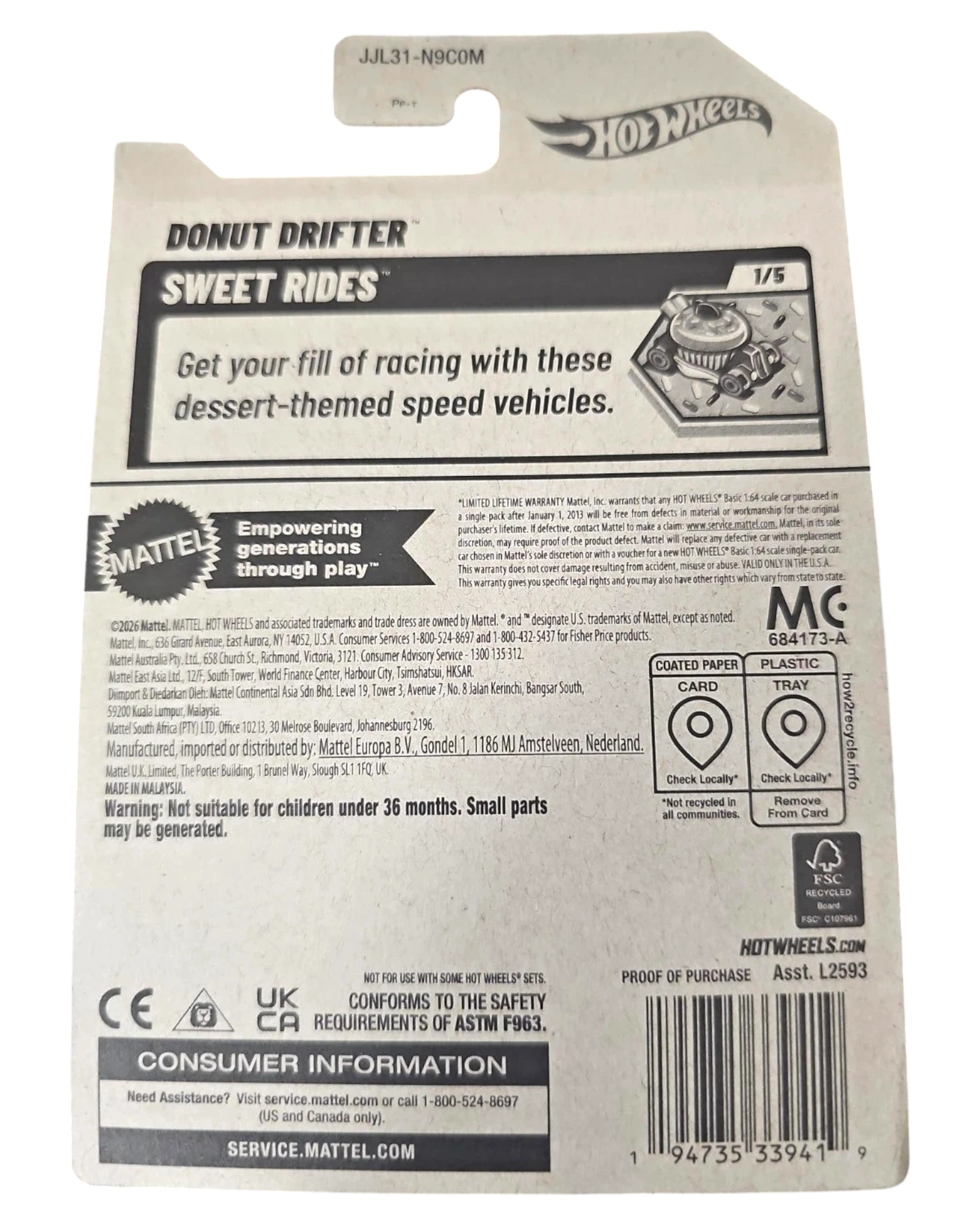 More Than Diecast Hot Wheels 2026 Donut Drifter packaging back showing product details and Sweet Rides series info