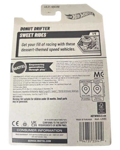 More Than Diecast Hot Wheels 2026 Donut Drifter packaging back showing product details and Sweet Rides series info