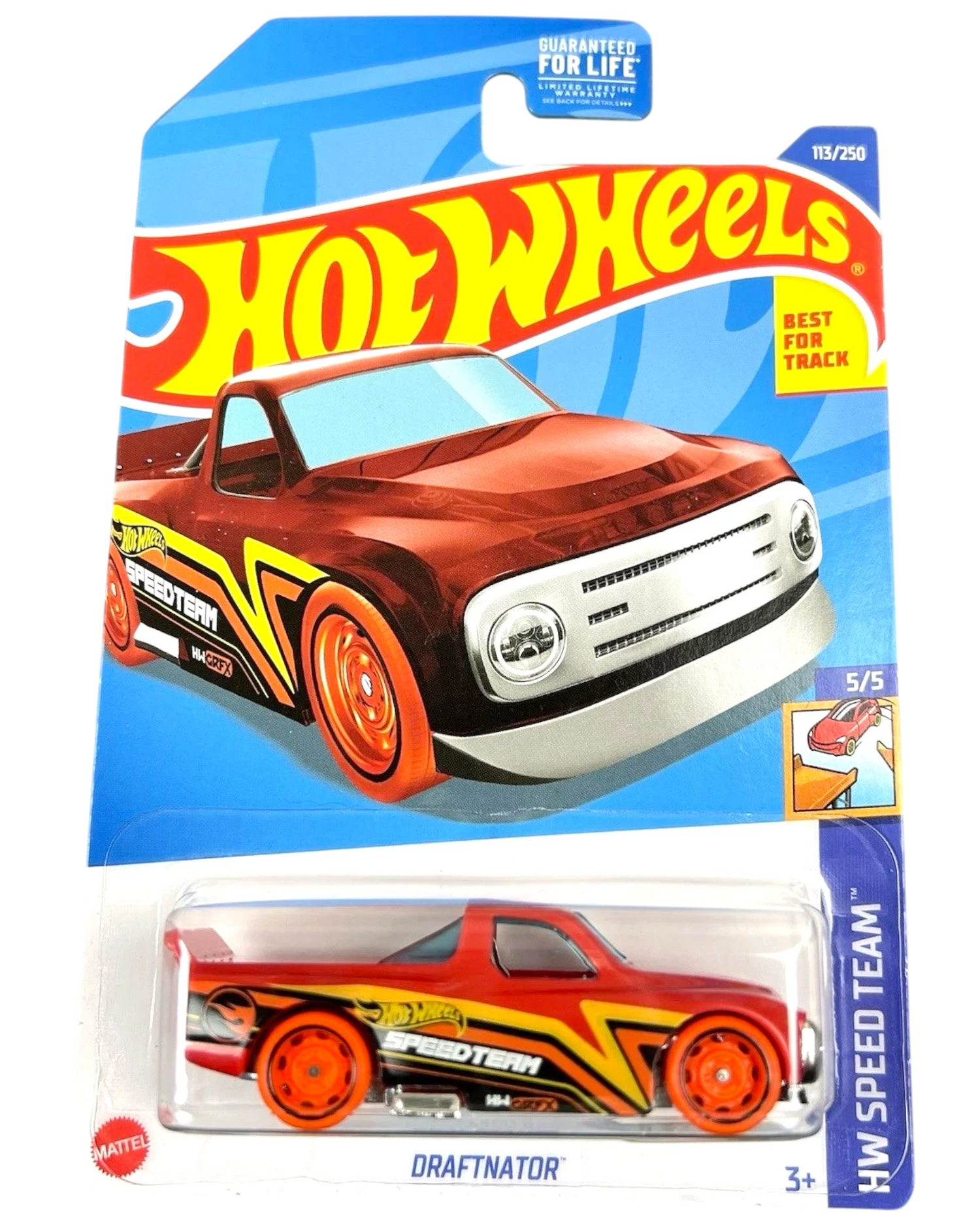 More Than Diecast Hot Wheels Draftnator red die-cast truck with yellow and black racing graphics in original packaging