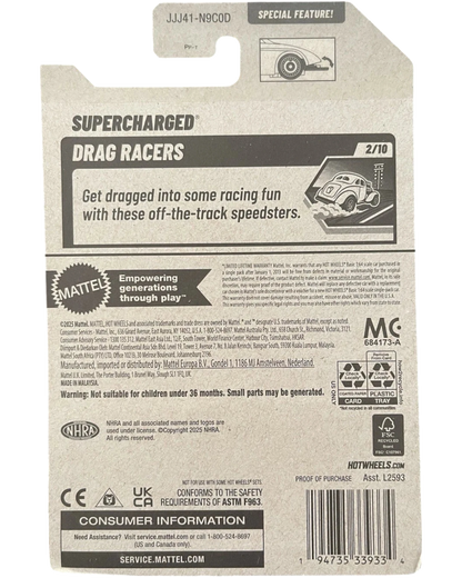 More Than Diecast Hot Wheels 2026 75th NHRA Anniversary Supercharged Drag Racers collectible toy car packaging.