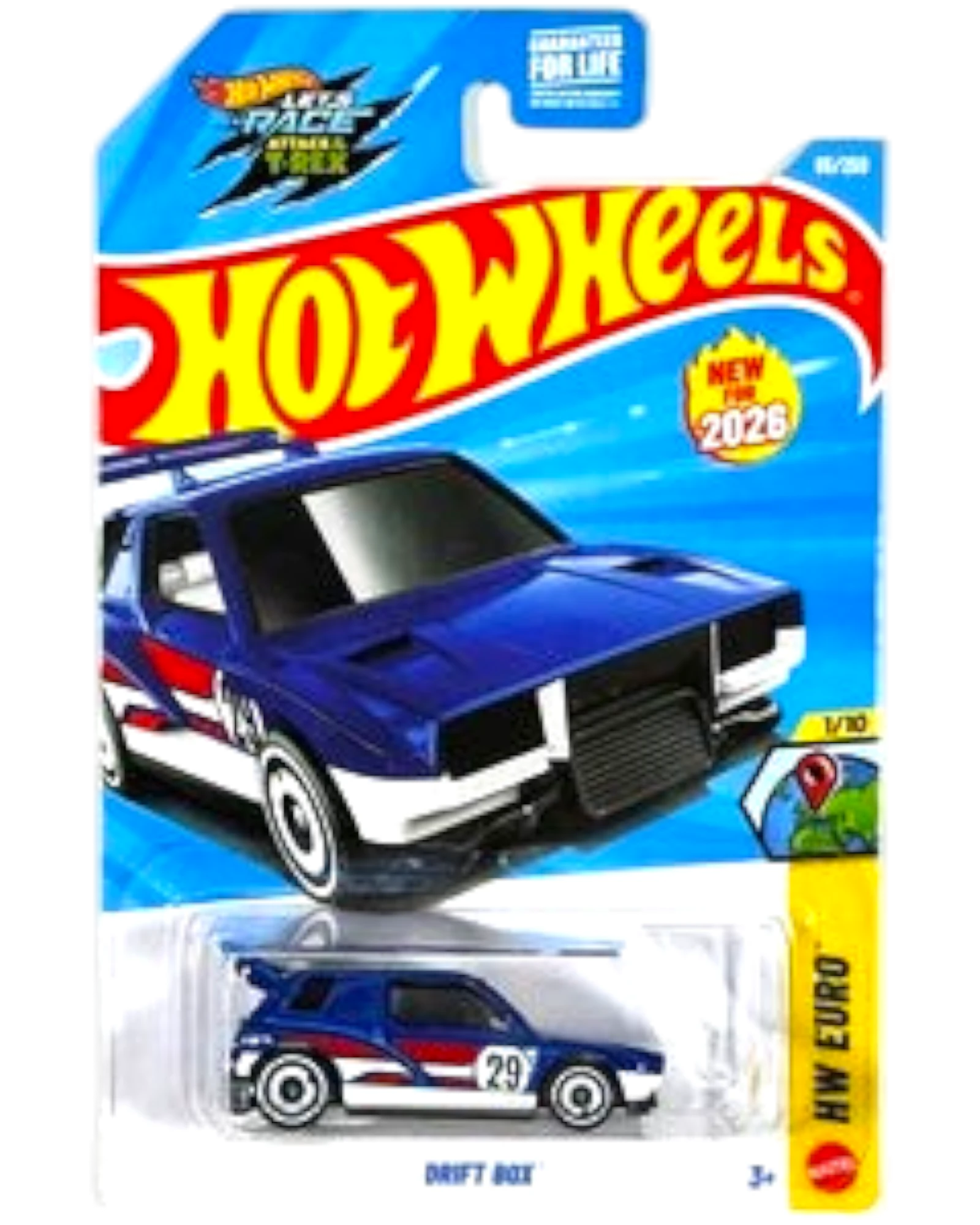More Than Diecast Hot Wheels Drift Box blue diecast car in original K Case packaging with racing decals