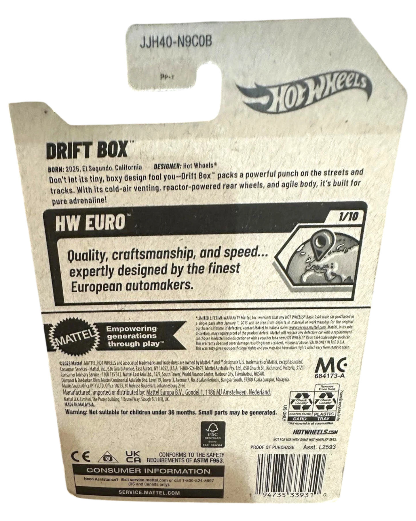 More Than Diecast Hot Wheels Drift Box 1/10 HW Euro red diecast car packaging. Features text about design and quality.