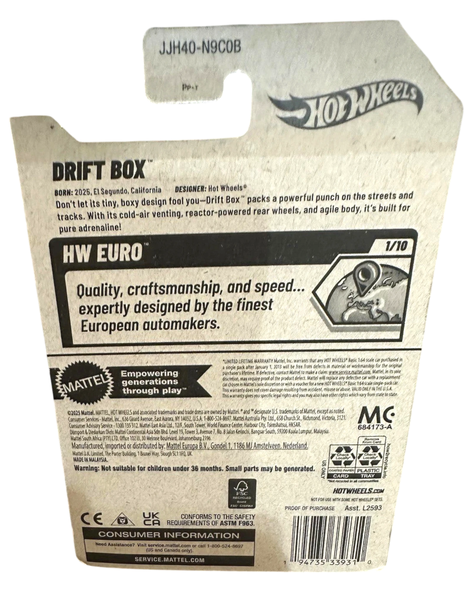 More Than Diecast Hot Wheels Drift Box 1/10 HW Euro red diecast car packaging. Features text about design and quality.