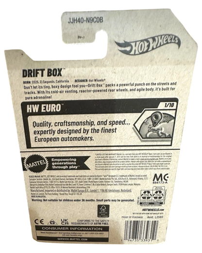 More Than Diecast Hot Wheels Drift Box 1/10 HW Euro red diecast car packaging. Features text about design and quality.