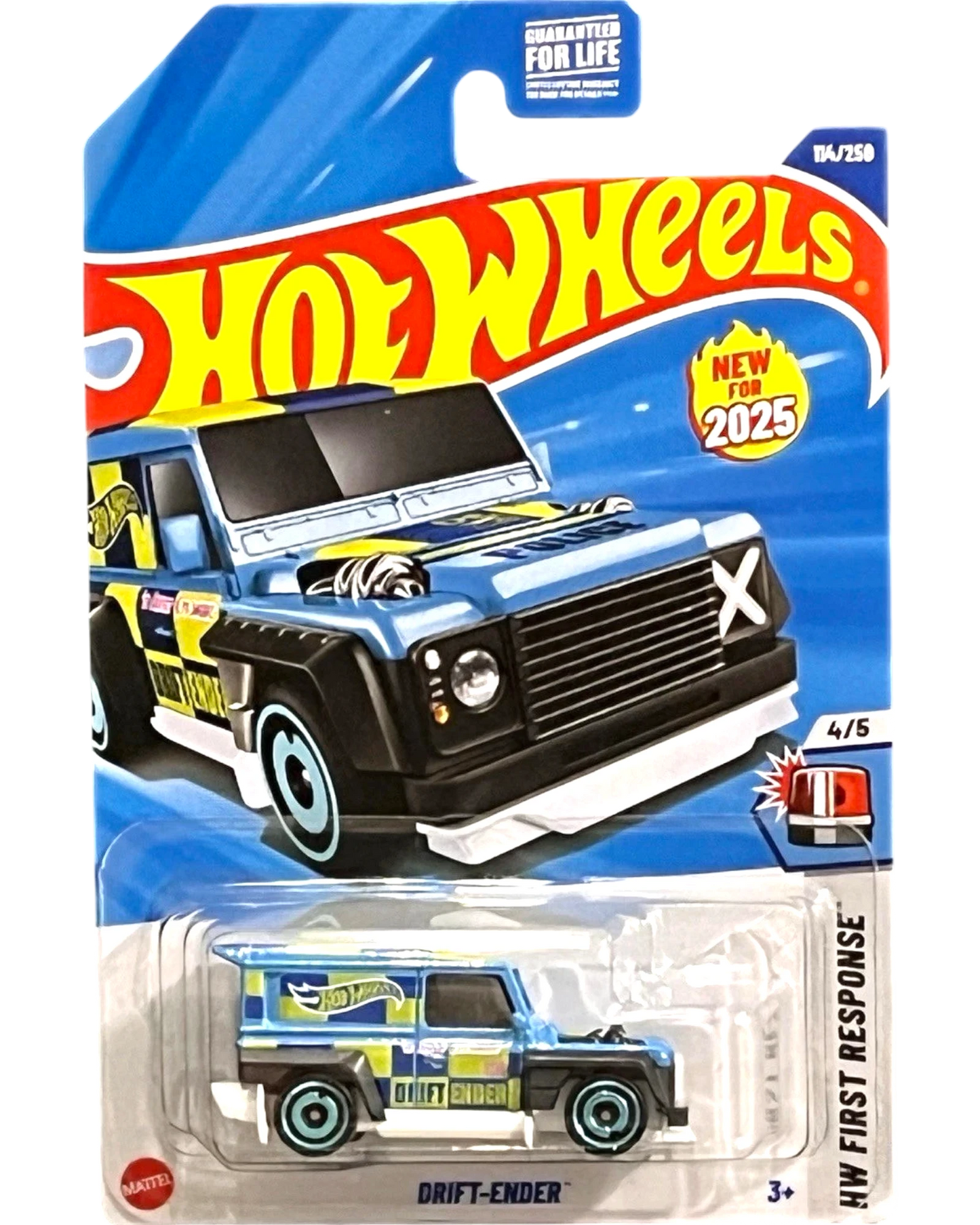 More Than Diecast Hot Wheels Drift Ender toy car, blue with yellow and white police graphics, black trim, and light blue wheels.