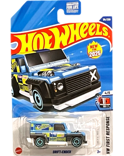 More Than Diecast Hot Wheels Drift Ender toy car, blue with yellow and white police graphics, black trim, and light blue wheels.