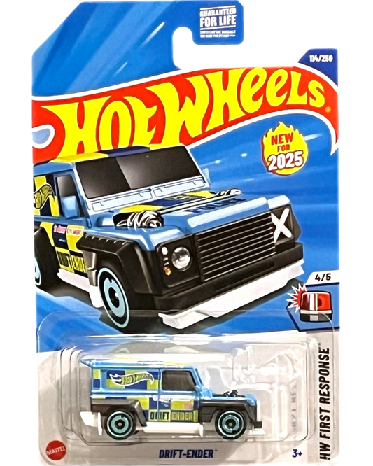 More Than Diecast Hot Wheels Drift Ender toy car, blue with yellow and white police graphics, black trim, and light blue wheels.