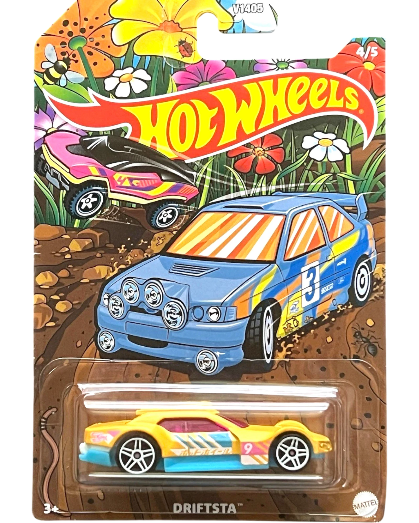 More Than Diecast Hot Wheels Driftsta yellow toy car with pink windows and blue trim, in spring-themed packaging.