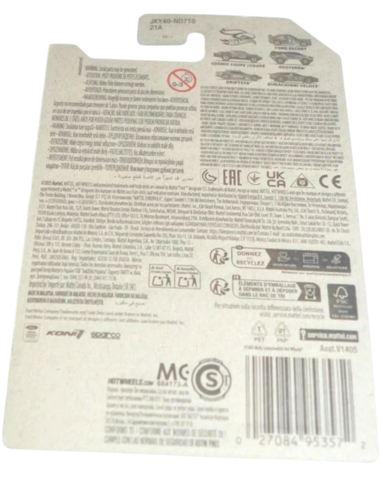 More Than Diecast HOT WHEELS 2026 Spring Series Driftsta yellow toy car packaging with warnings and recycling info.