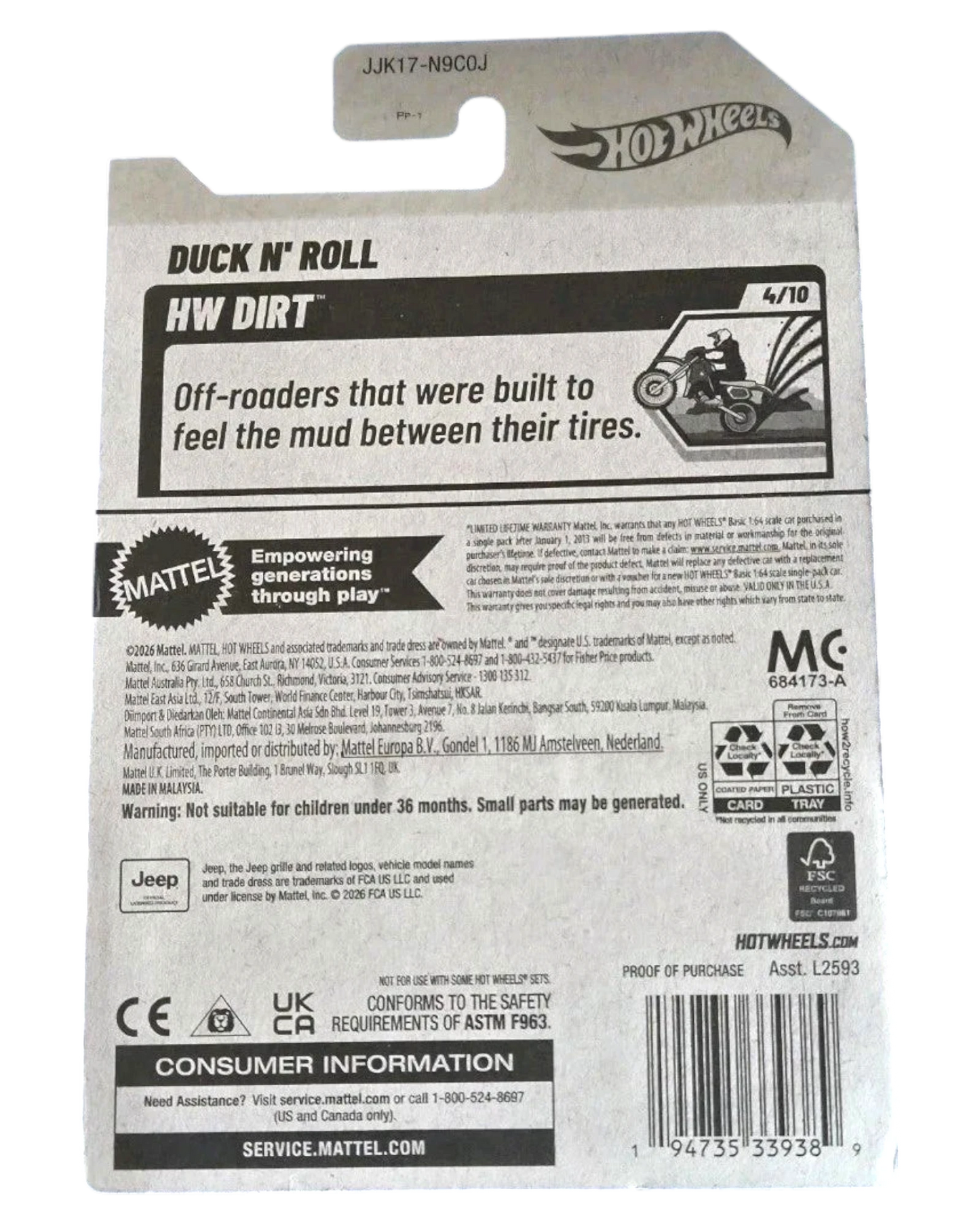 More Than Diecast 2026 Hot Wheels Duck N' Roll #174/250 toy car packaging back view with product details and branding