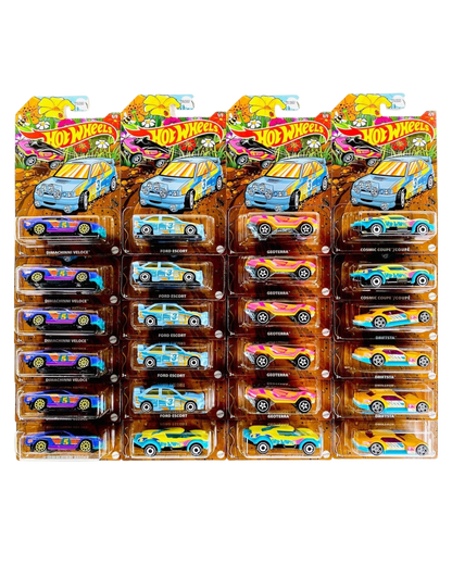 More Than Diecast Hot Wheels 2026 Easter Series case of 24 assorted die-cast cars with vibrant graphics.