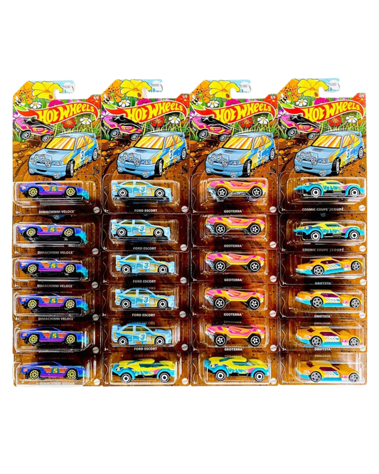 More Than Diecast Hot Wheels 2026 Easter Series case of 24 assorted die-cast cars with vibrant graphics.