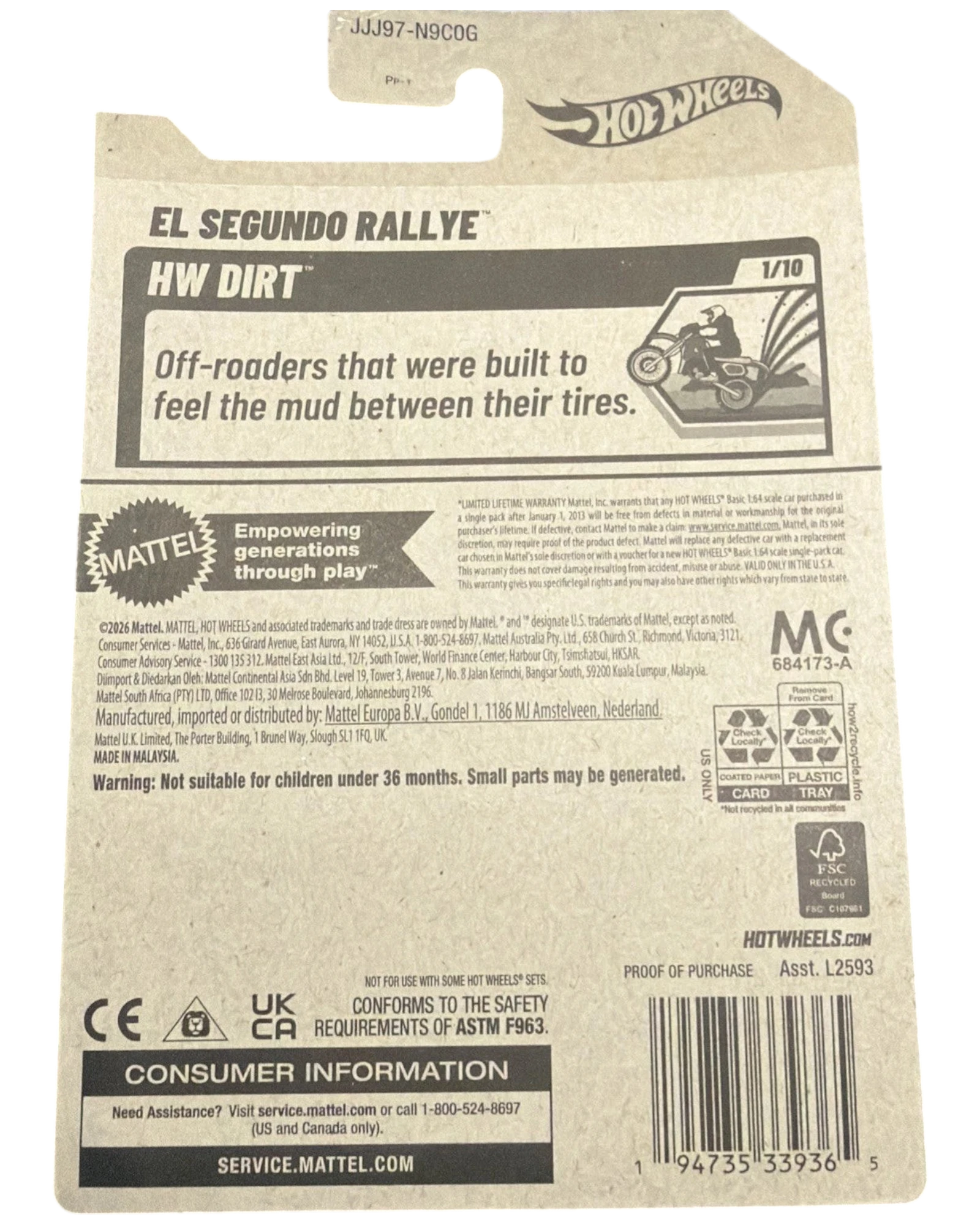 More Than Diecast Hot Wheels El Segundo Rallye HW Dirt 1/10 diecast car packaging. Features off-roaders built to feel the mud.