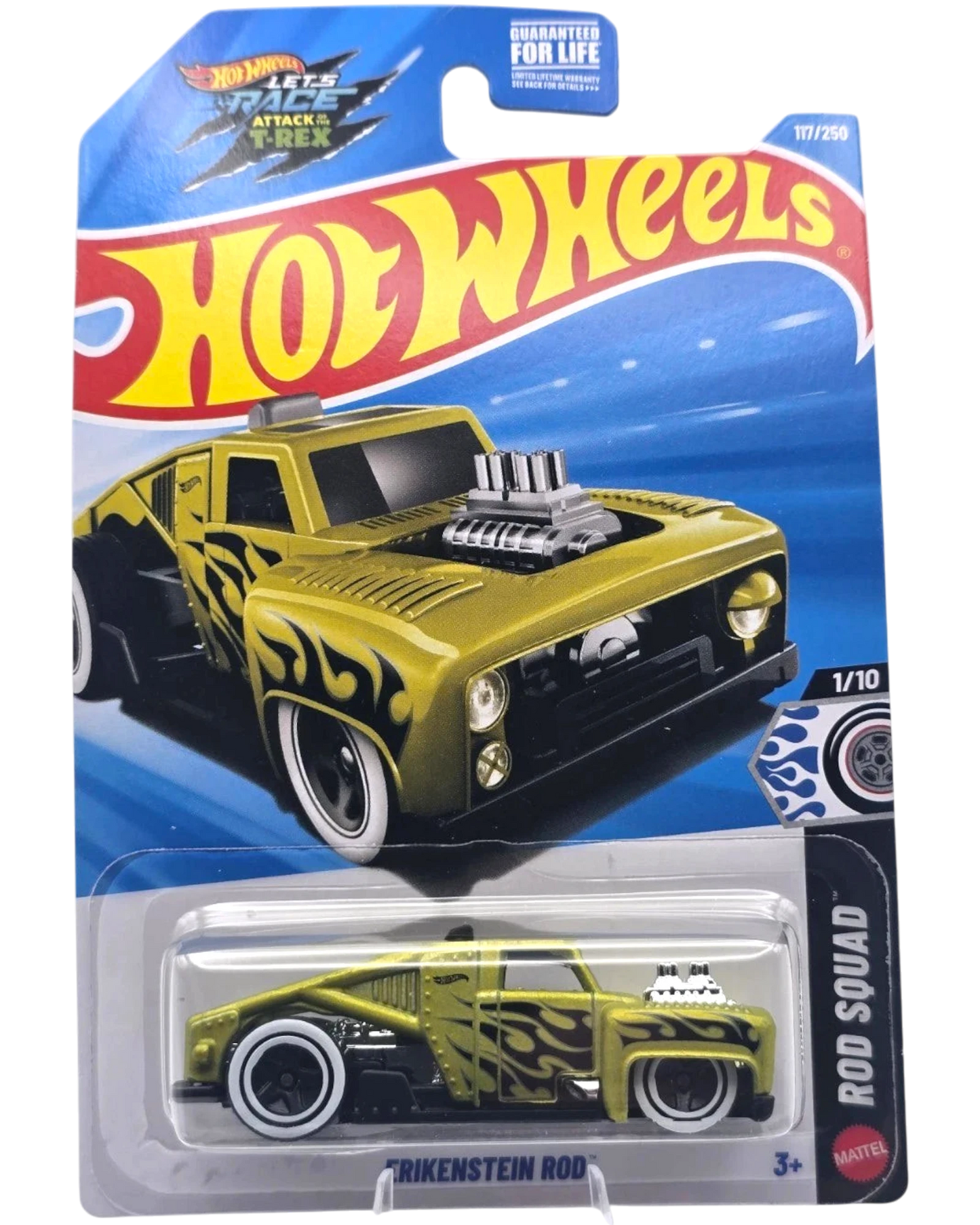 More Than Diecast Hot Wheels Erikenstein Rod 1:64 scale die-cast car in yellow with flame deco on short card blister