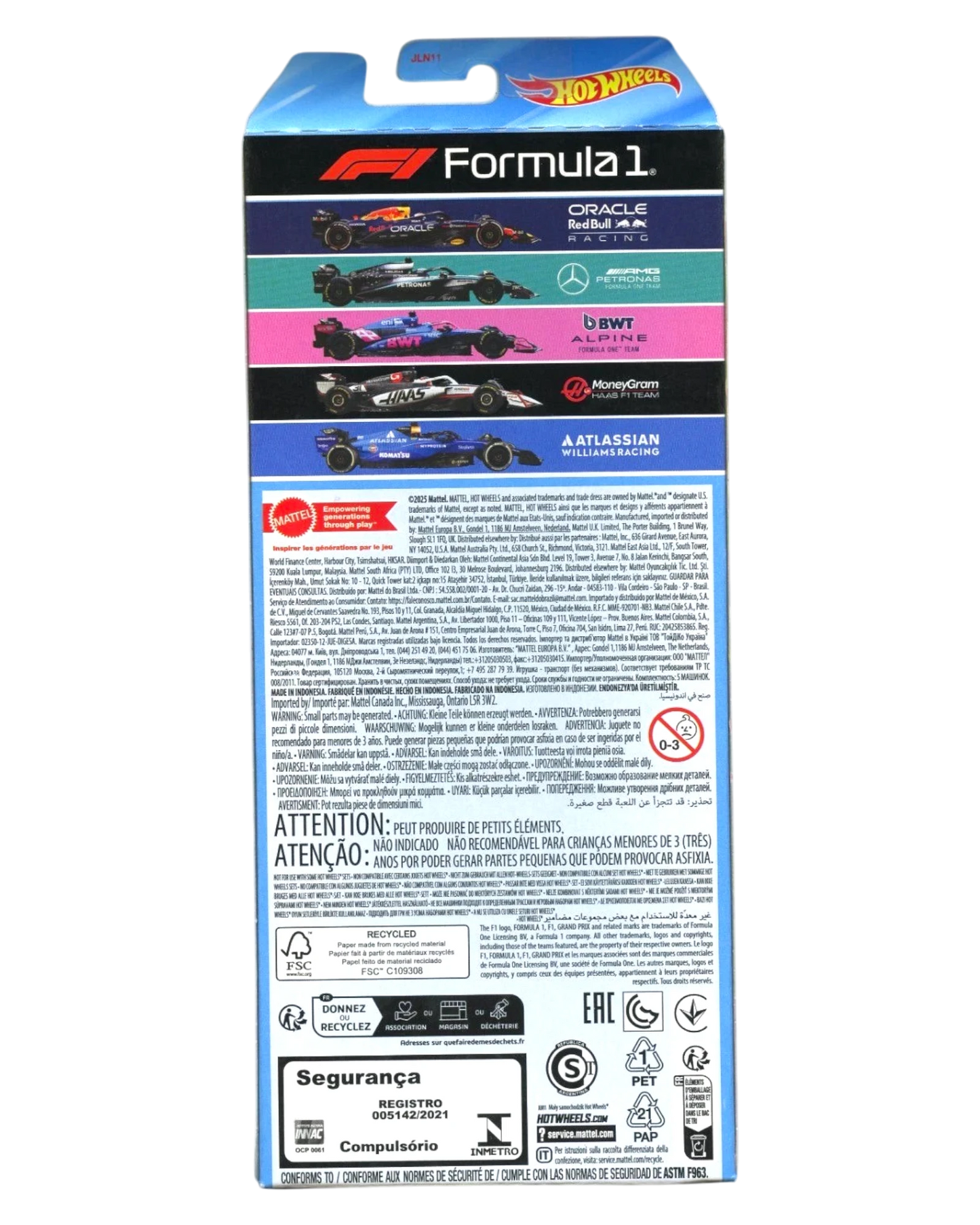 More Than Diecast 2025 Hot Wheels Formula 1 5-pack packaging back view showing Red Bull, Mercedes, Alpine, Haas, Williams
