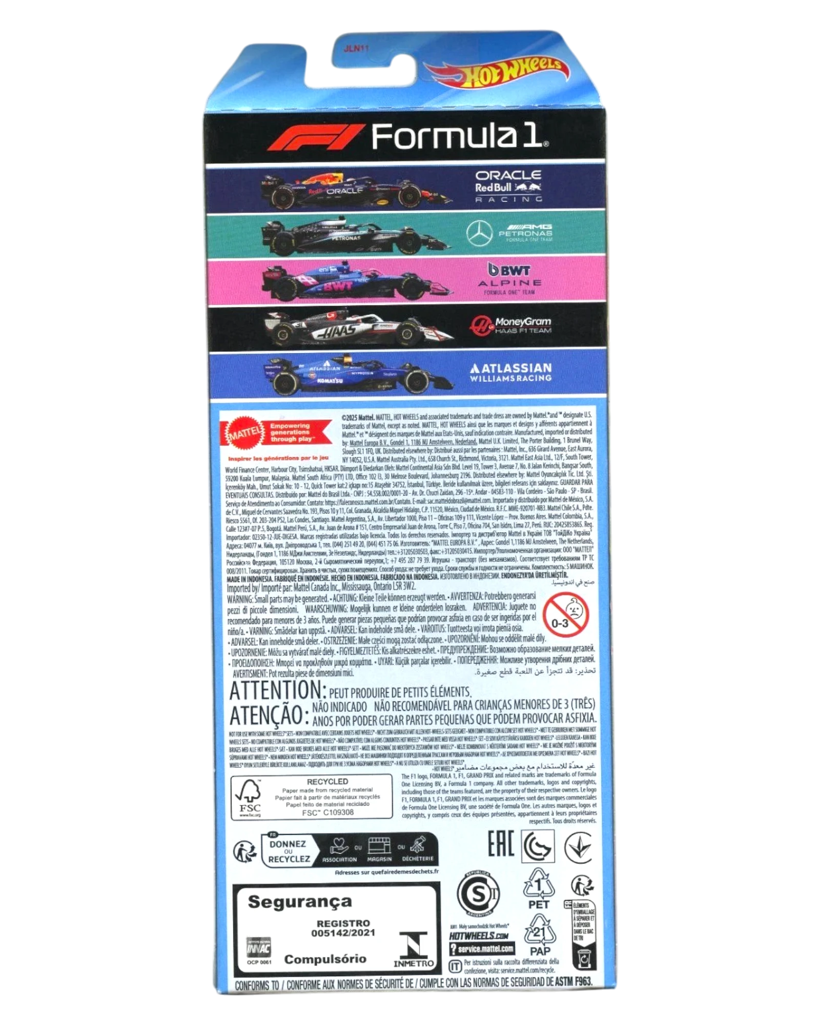 More Than Diecast 2025 Hot Wheels Formula 1 5-pack packaging back view showing Red Bull, Mercedes, Alpine, Haas, Williams