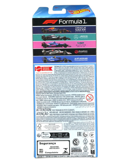 More Than Diecast 2025 Hot Wheels Formula 1 5-pack packaging back view showing Red Bull, Mercedes, Alpine, Haas, Williams