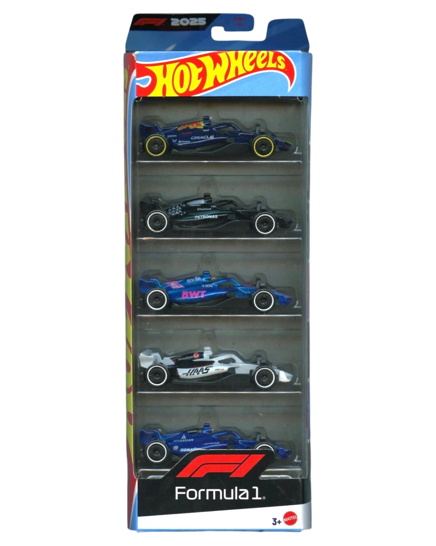 More Than Diecast 2025 Hot Wheels F1 5-pack featuring Red Bull, Mercedes, Alpine, Haas, and Williams race cars.