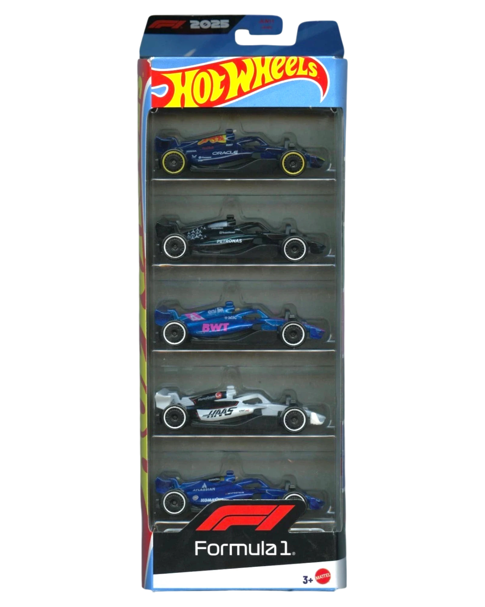 More Than Diecast 2025 Hot Wheels F1 5-pack featuring Red Bull, Mercedes, Alpine, Haas, and Williams race cars.